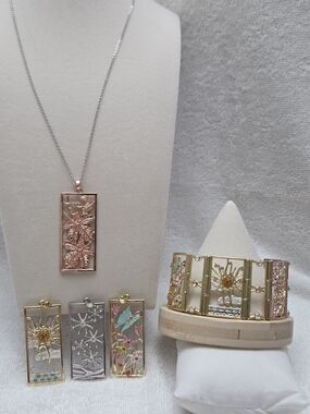 4 Seasonal Rectangular Panels Pendant Necklace & Matching Bracelet Set